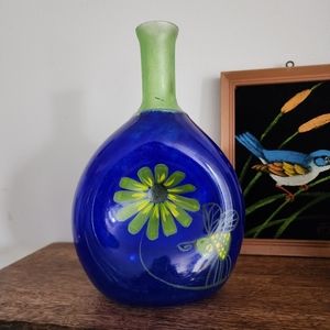 Vintage Handmade Blue Art Glass Hand Painted Flower & Bug Vase